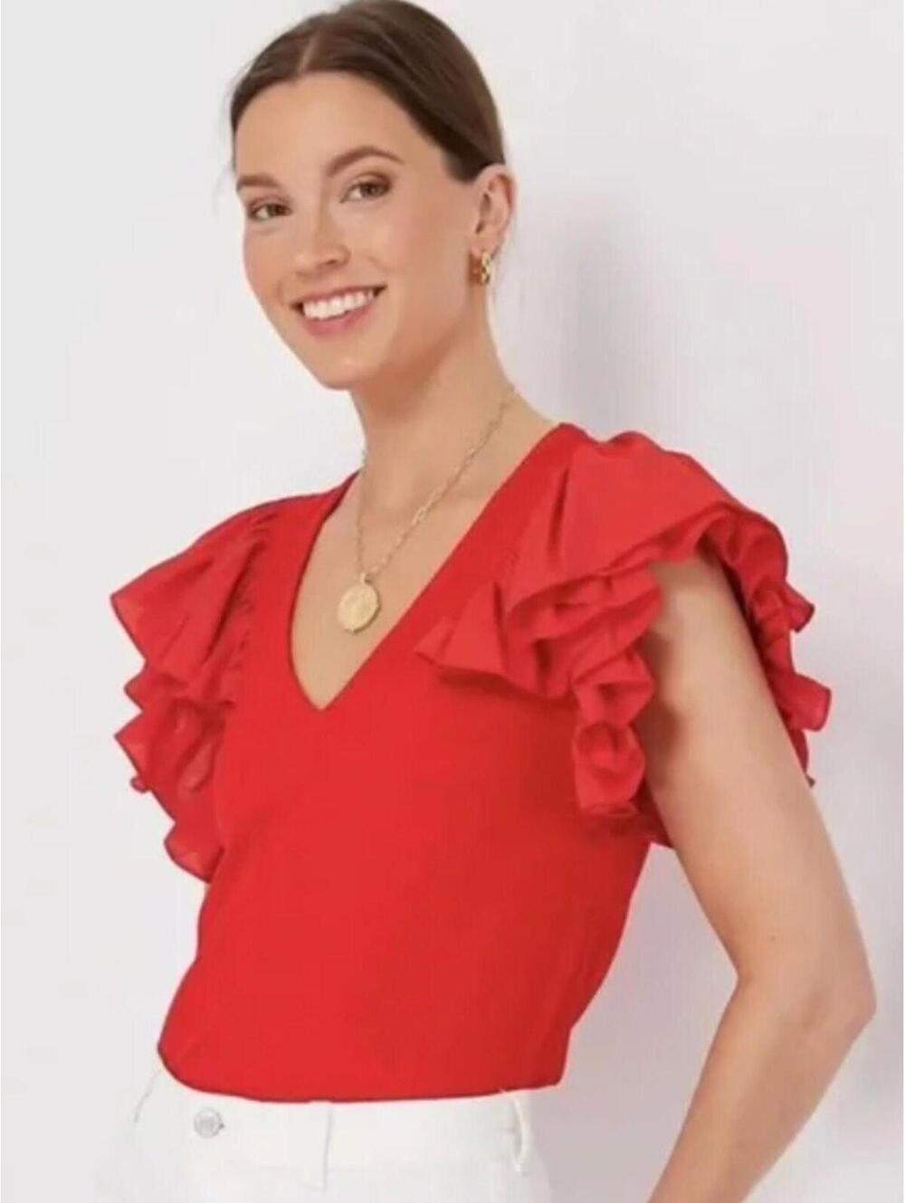 Pomander Place Red Ruffle Sleeve Rib Knit V-Neck Top Size S